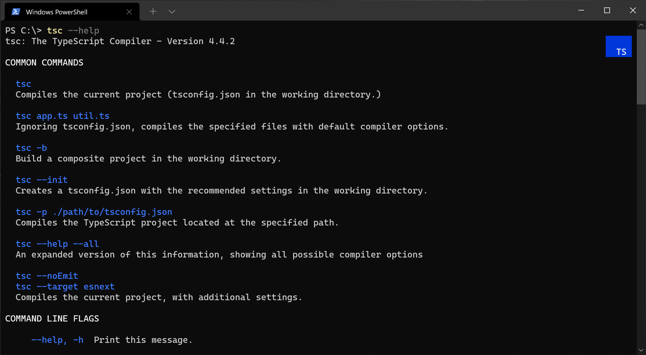 The new TypeScript –help menu where the output is bucketed into several different areas