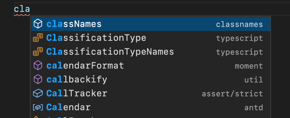 A completion list containing clean paths with no intermediate ’node_modules’. For example, the label for ‘calendarFormat’ is ‘moment’ instead of ’node_modules/moment/moment’.