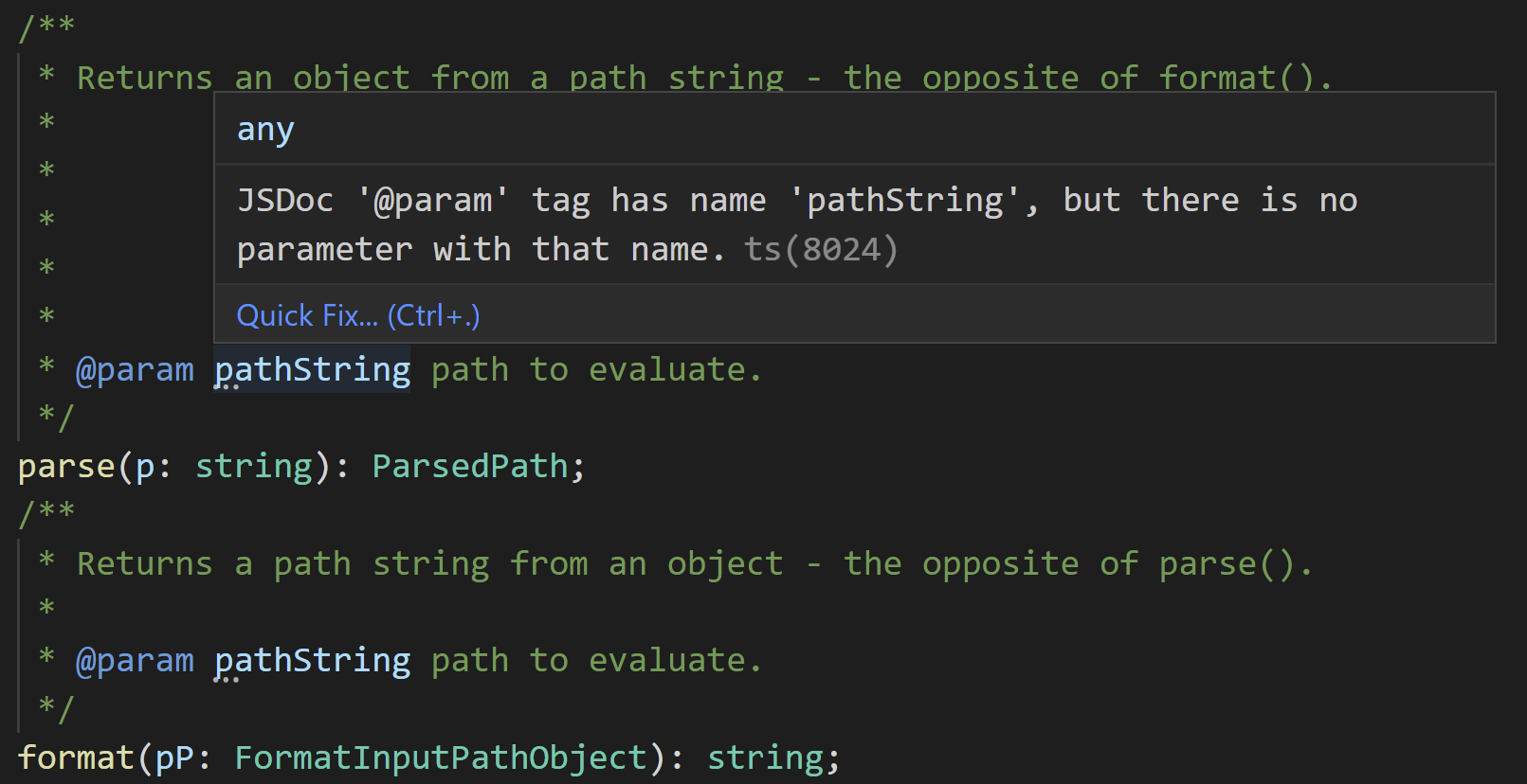 Suggestion diagnostics being shown in the editor for parameter names in JSDoc comments that don’t match an actual parameter name.