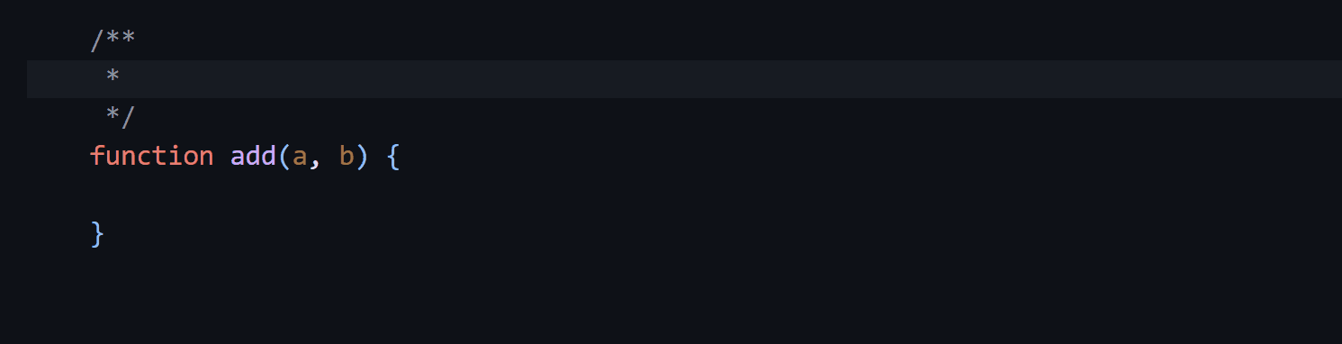 An example of completing JSDoc param comments on an ‘add’ function.